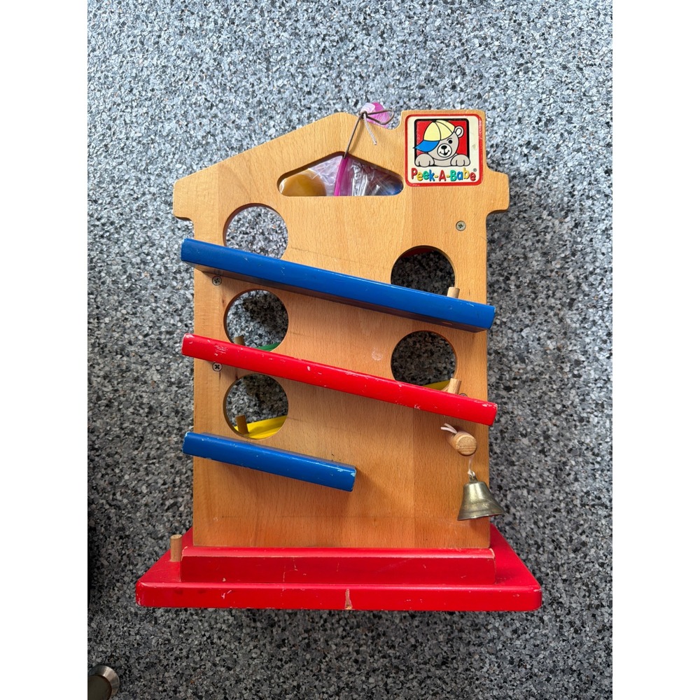 Peek-A-Babe Wooden Ball Run House Toy with Bell and 4 Balls Montessori Style